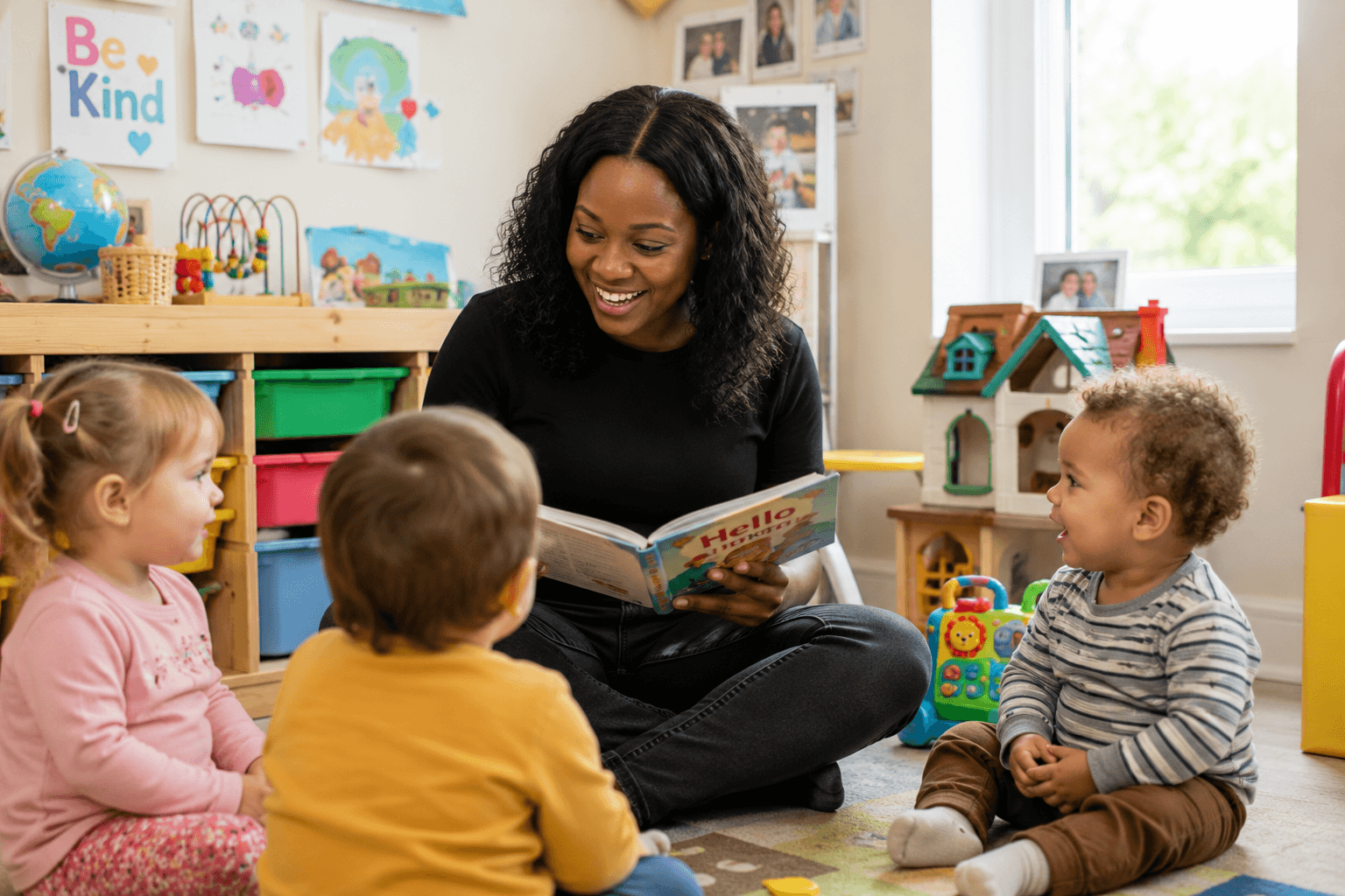 A childminder reading with young children