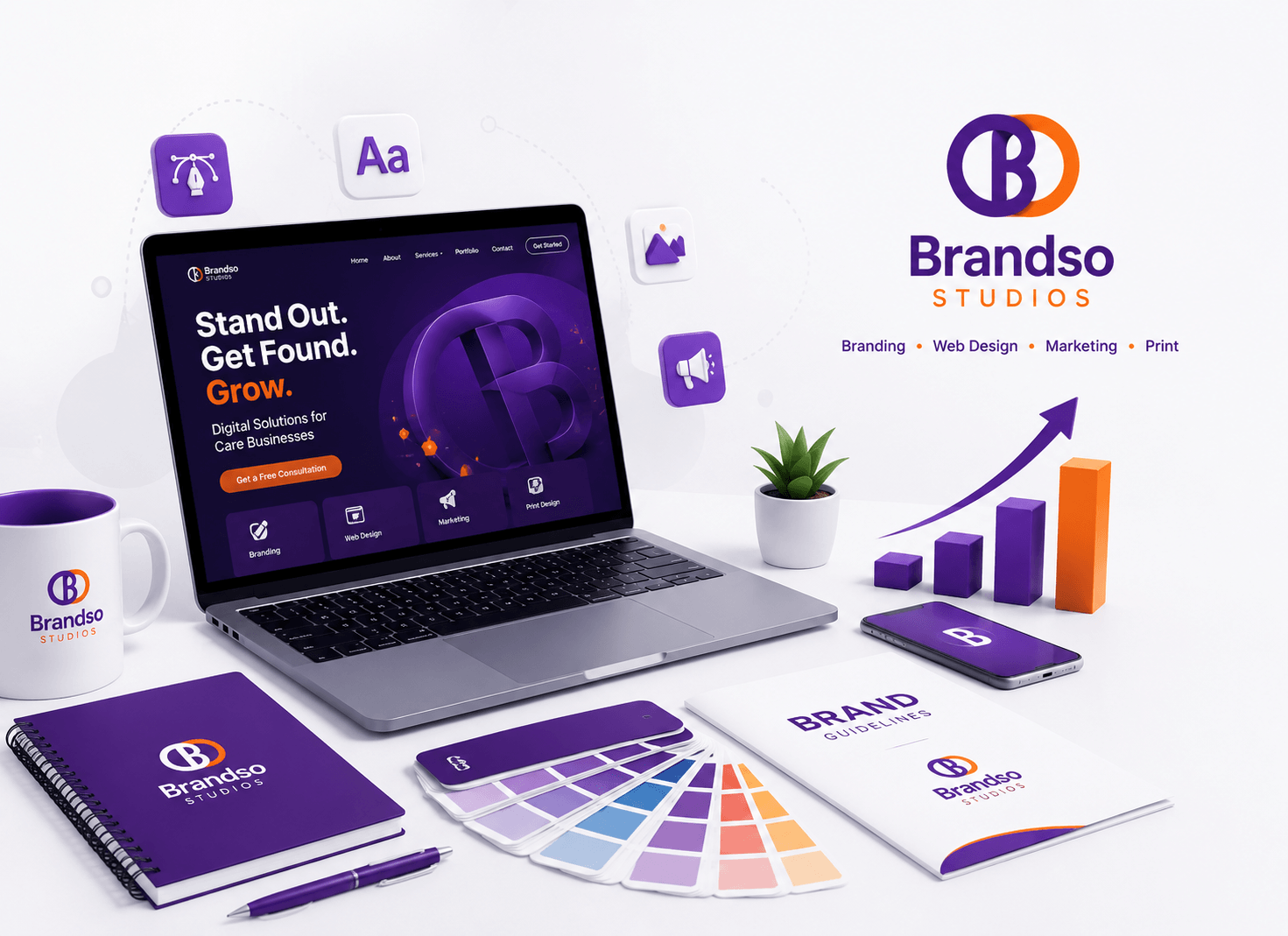 Brandso Studios branding and web design mockup